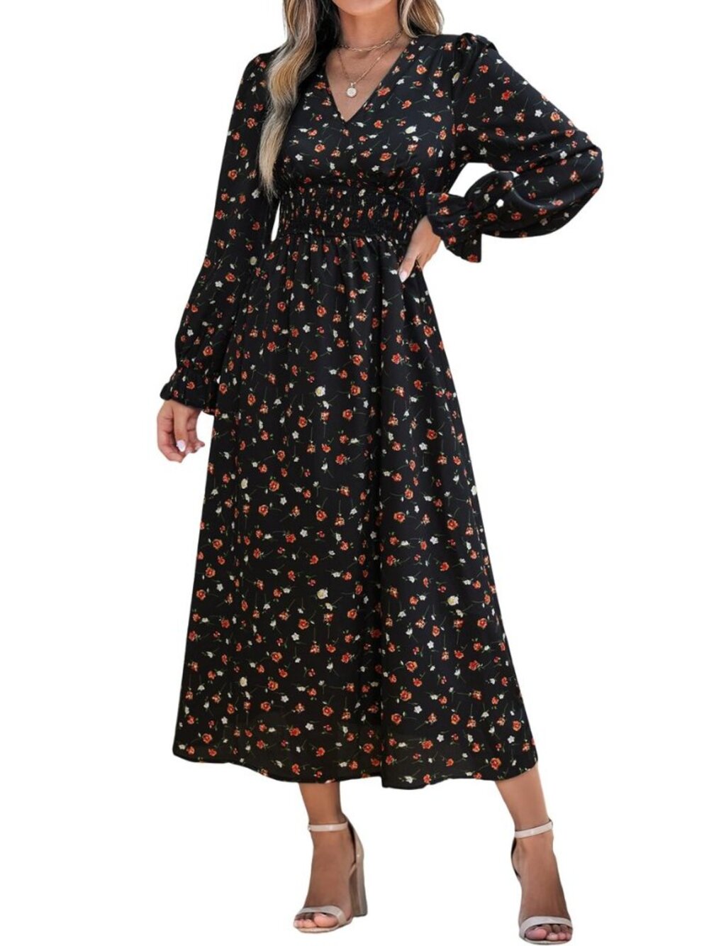 Women Floral Maxi Dress Long Sleeve V Neck Smocked Waist Fall Dress